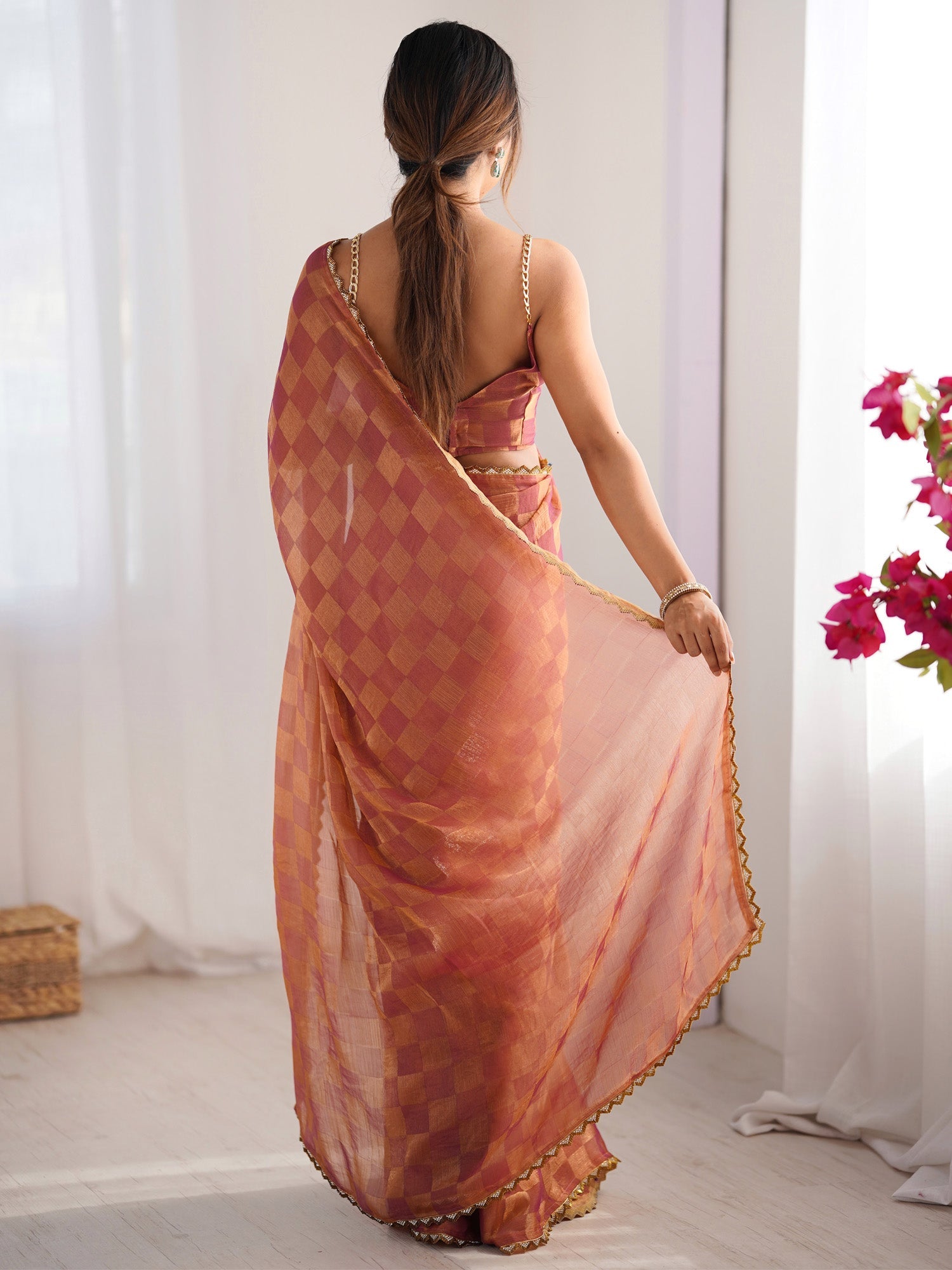 Chiffon Checks Saree in Dusty Rose & Peach - Ressa
