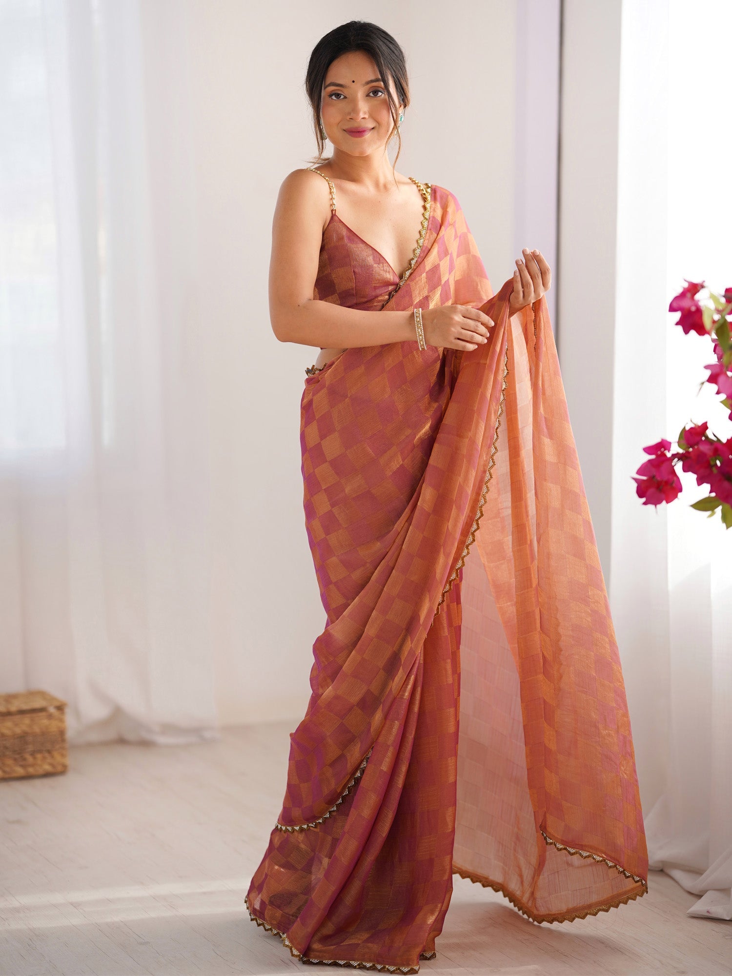Chiffon Checks Saree in Dusty Rose & Peach - Ressa
