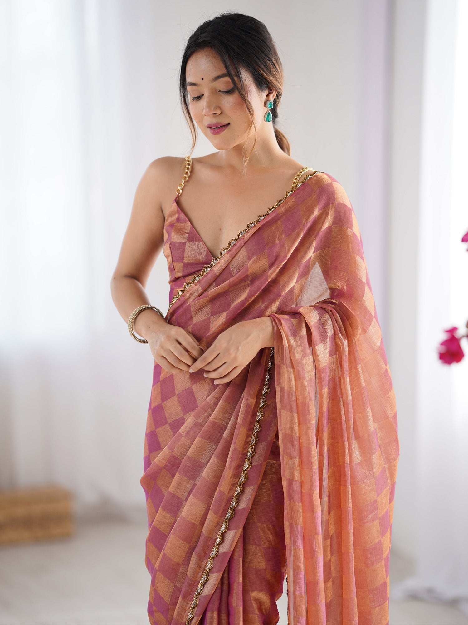 Chiffon Checks Saree in Dusty Rose & Peach - Ressa