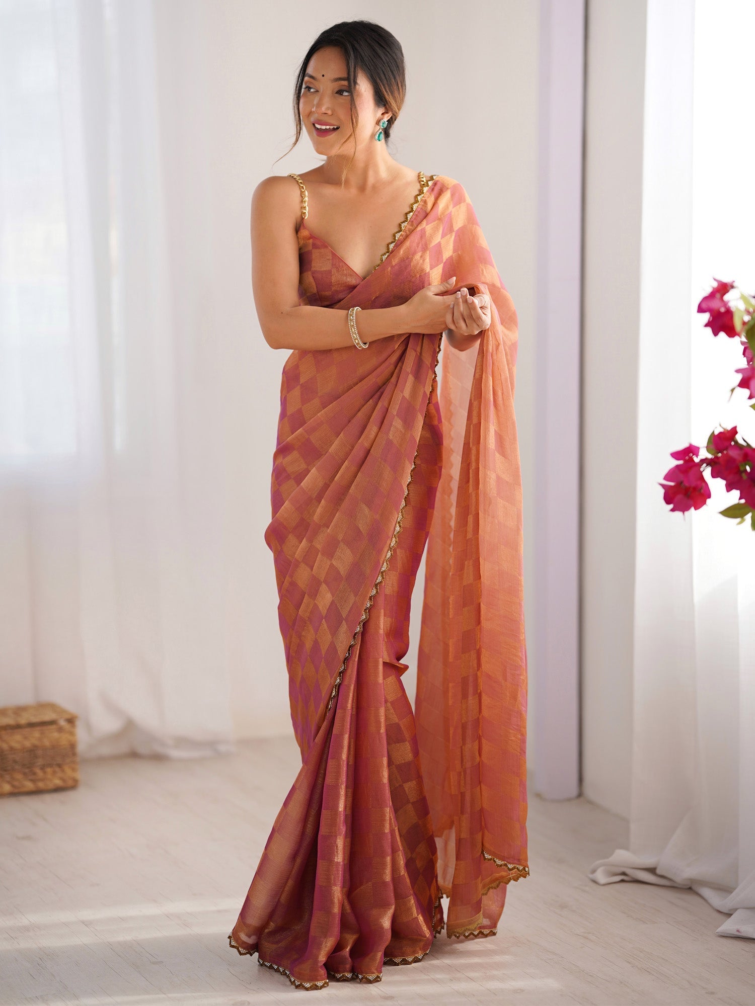 Chiffon Checks Saree in Dusty Rose & Peach - Ressa