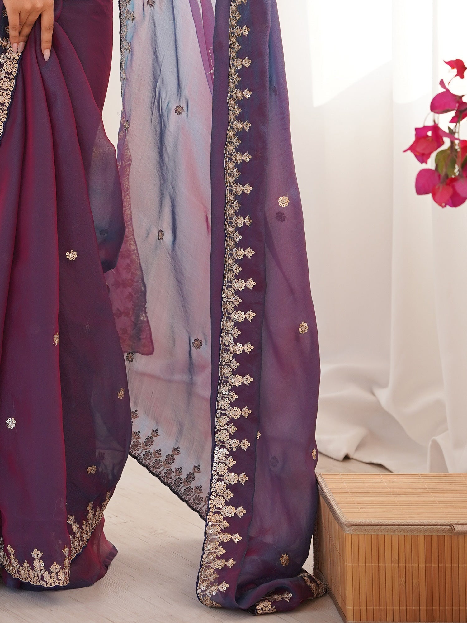 Chiffon Embroidered Saree in Plum - Ressa