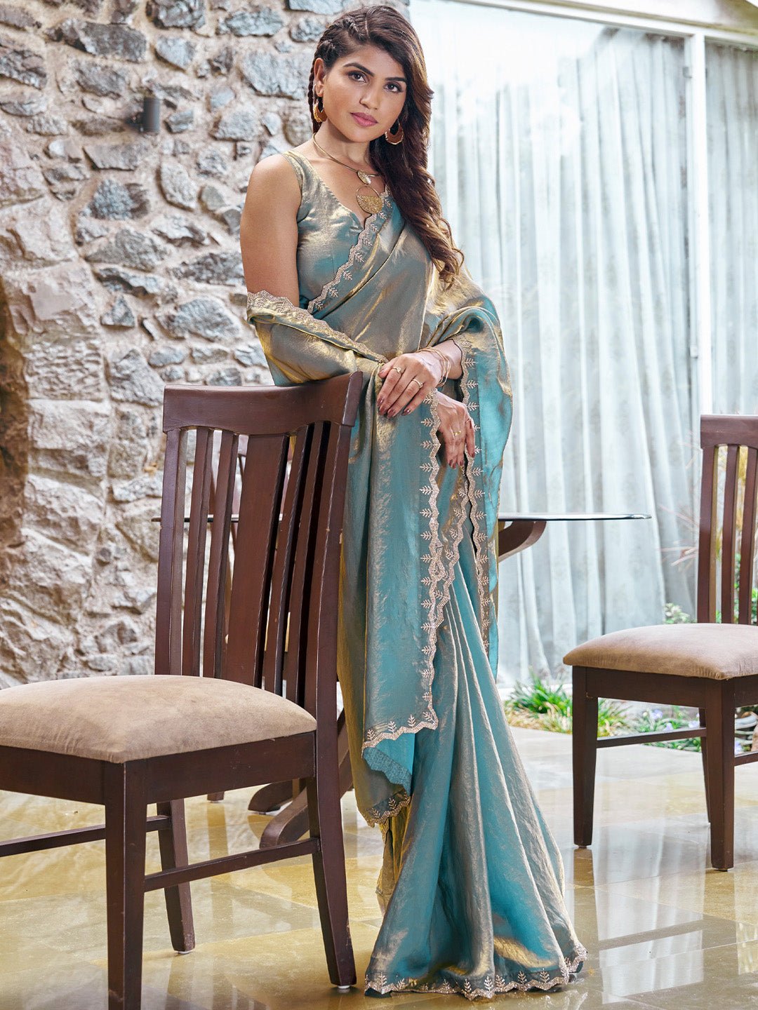 Chiffon Metalic Blue Emblished Party Wear Saree - Ressa