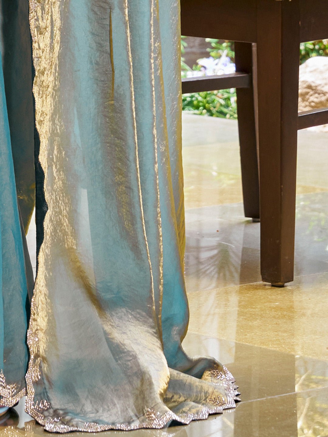 Chiffon Metalic Blue Emblished Party Wear Saree - Ressa