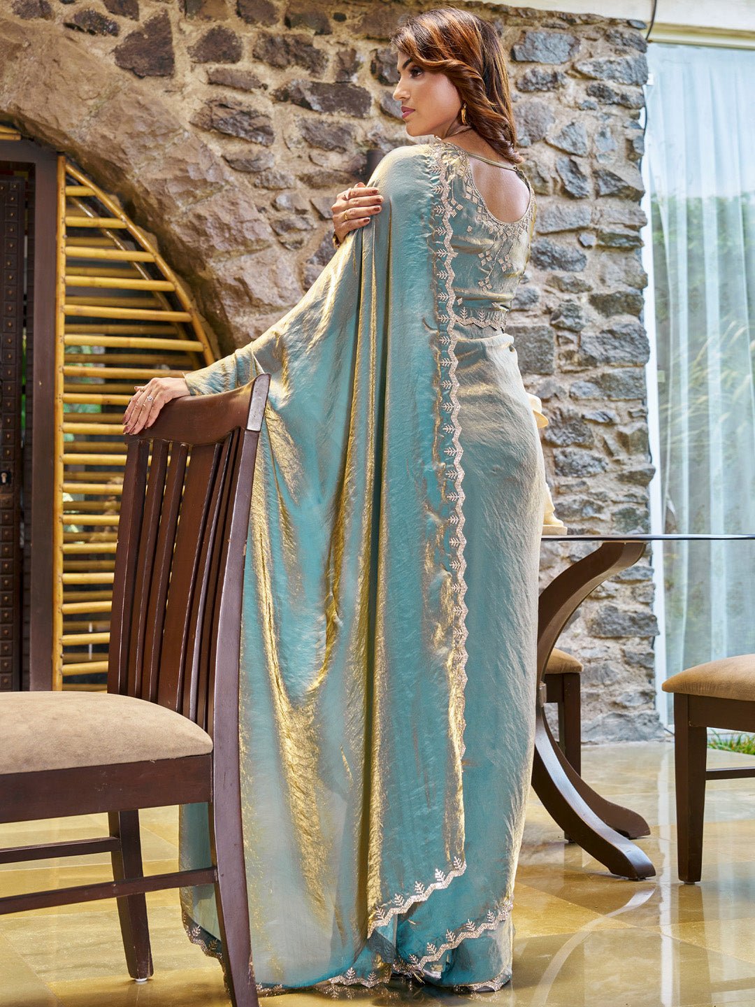 Chiffon Metalic Blue Emblished Party Wear Saree - Ressa