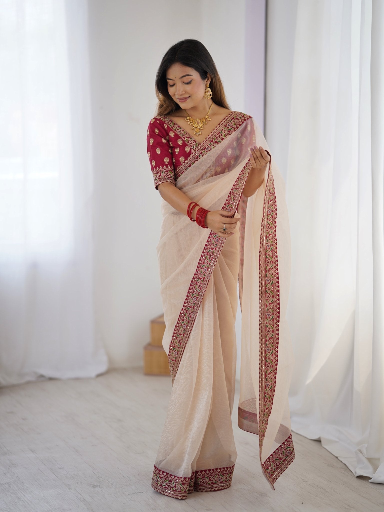 Chiffon Saree with Silver Lace Border - Ressa