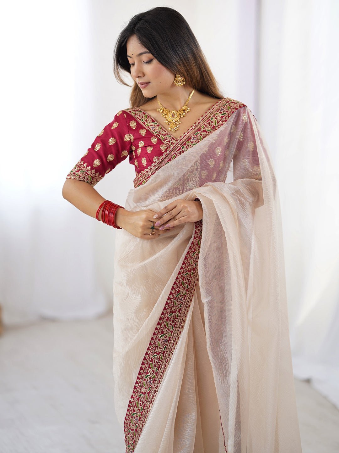 Chiffon Saree with Silver Lace Border - Ressa