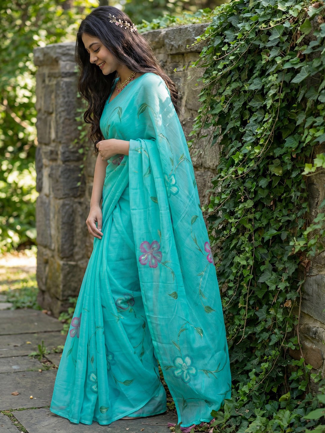 Chinnon Light Blue Hand Printed Saree - Ressa