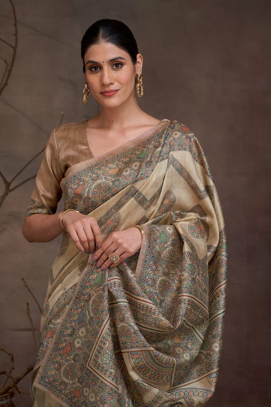 Chitrika Beige Kalamkari Cotton Silk Saree - Ressa