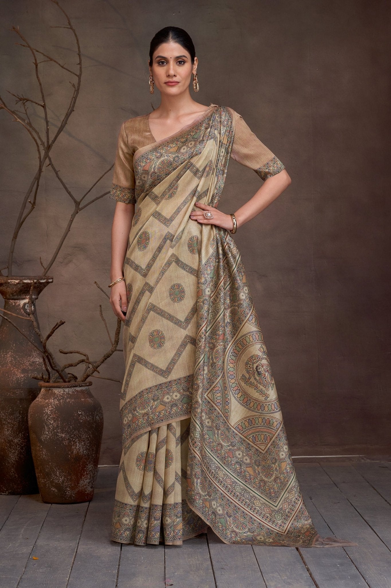 Chitrika Beige Kalamkari Cotton Silk Saree - Ressa