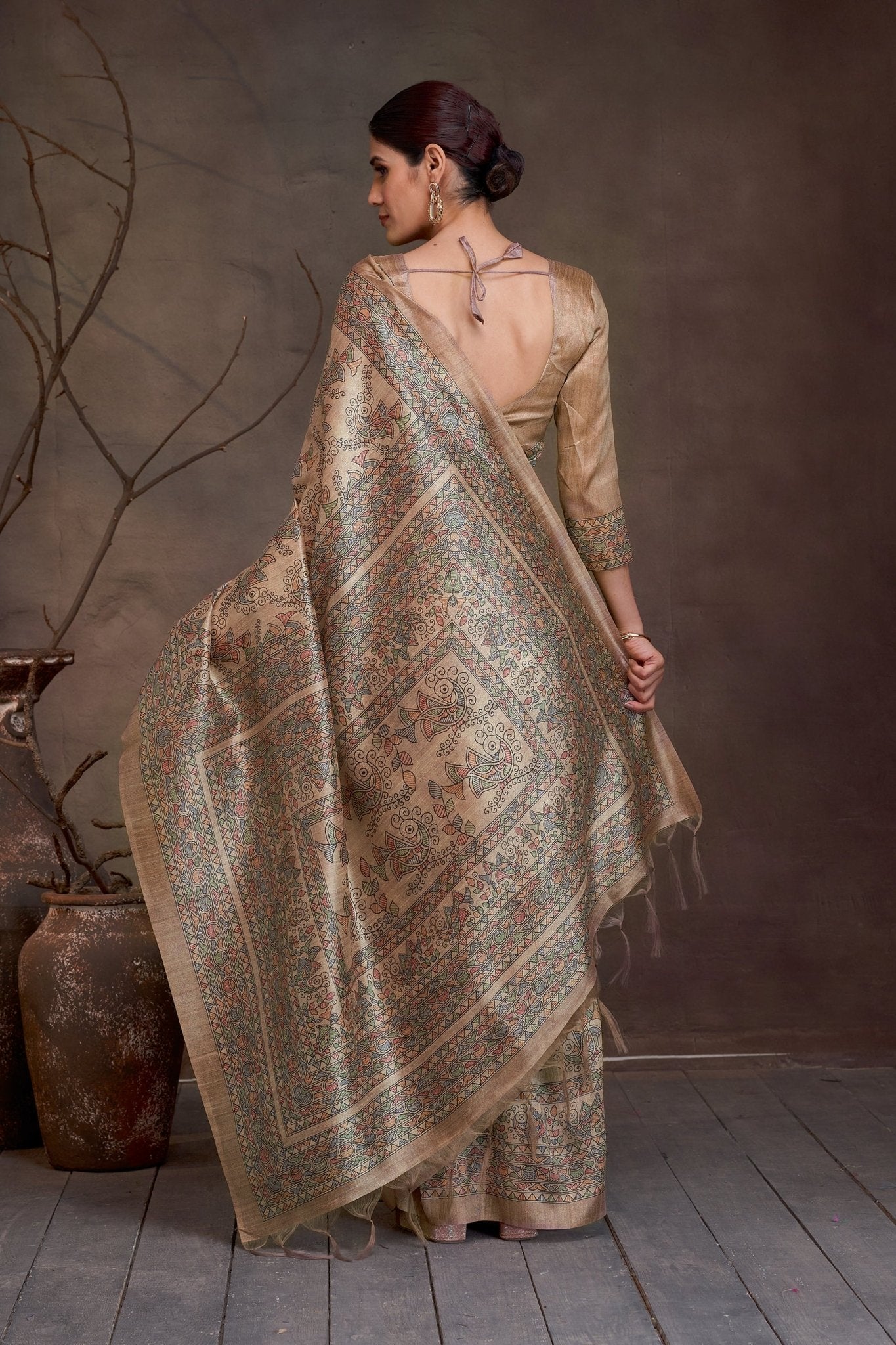 Chitrika Golden Beige Kalamkari Cotton Silk Saree - Ressa