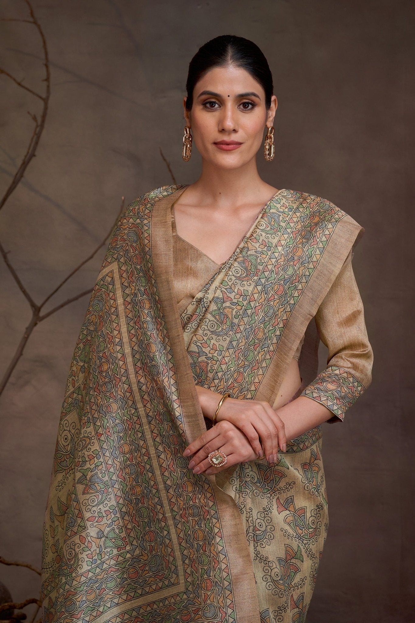 Chitrika Golden Beige Kalamkari Cotton Silk Saree - Ressa