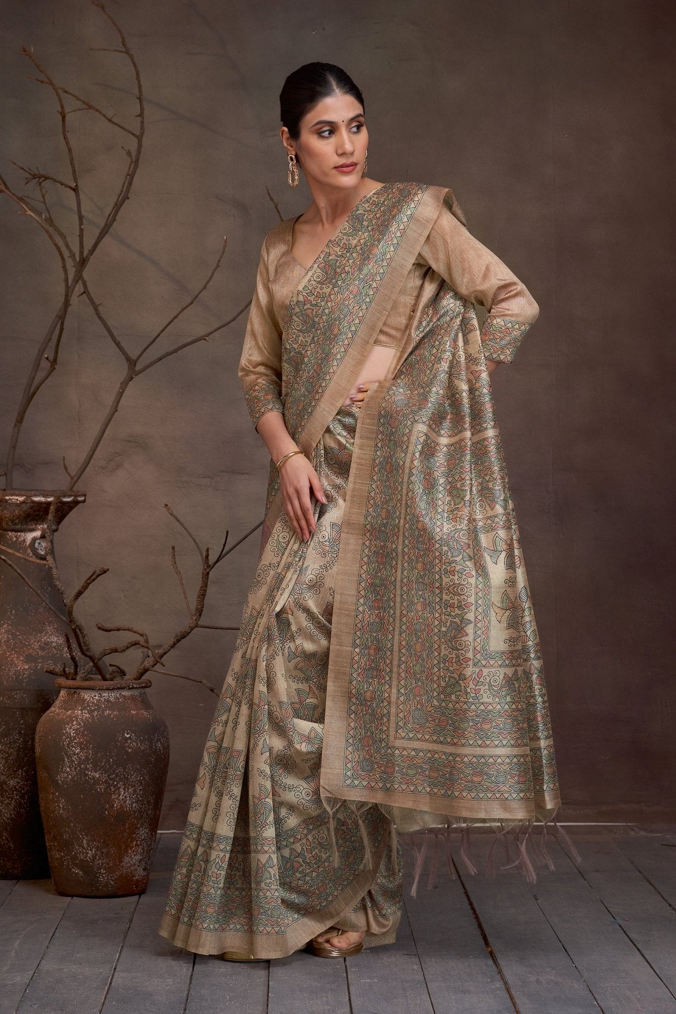 Chitrika Golden Beige Kalamkari Cotton Silk Saree - Ressa