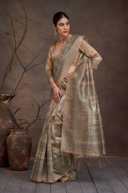 Chitrika Golden Beige Kalamkari Cotton Silk Saree - Ressa