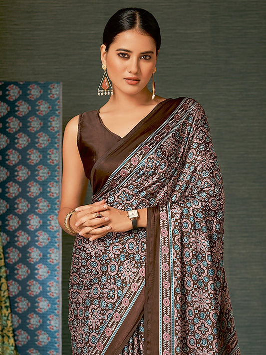 Chocolate Brown Ajrakh Silk Saree with Pink & Teal Floral Medallions, Teal Sun Pallu & Brown Blouse - Ressa