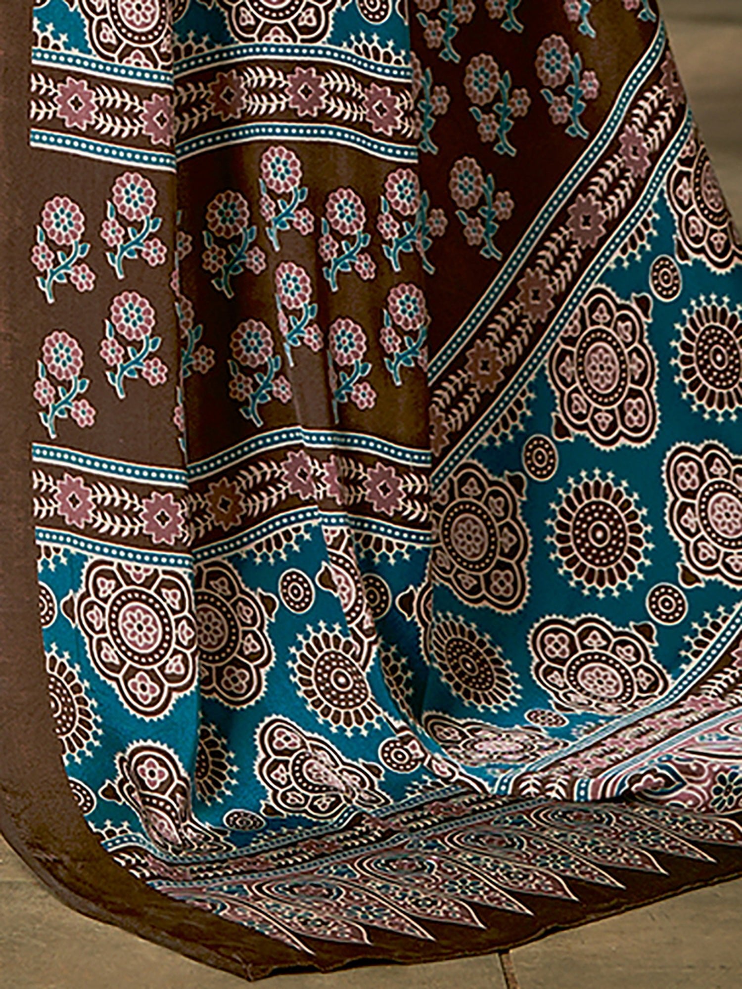 Chocolate Brown Ajrakh Silk Saree with Pink & Teal Floral Medallions, Teal Sun Pallu & Brown Blouse - Ressa