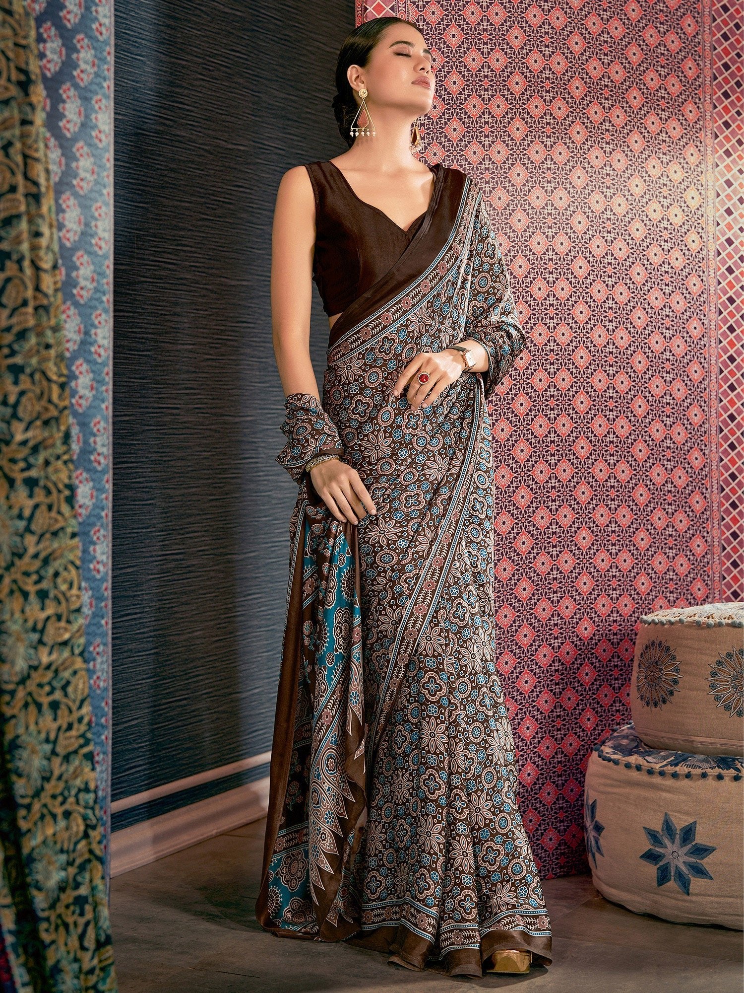 Chocolate Brown Ajrakh Silk Saree with Pink & Teal Floral Medallions, Teal Sun Pallu & Brown Blouse - Ressa