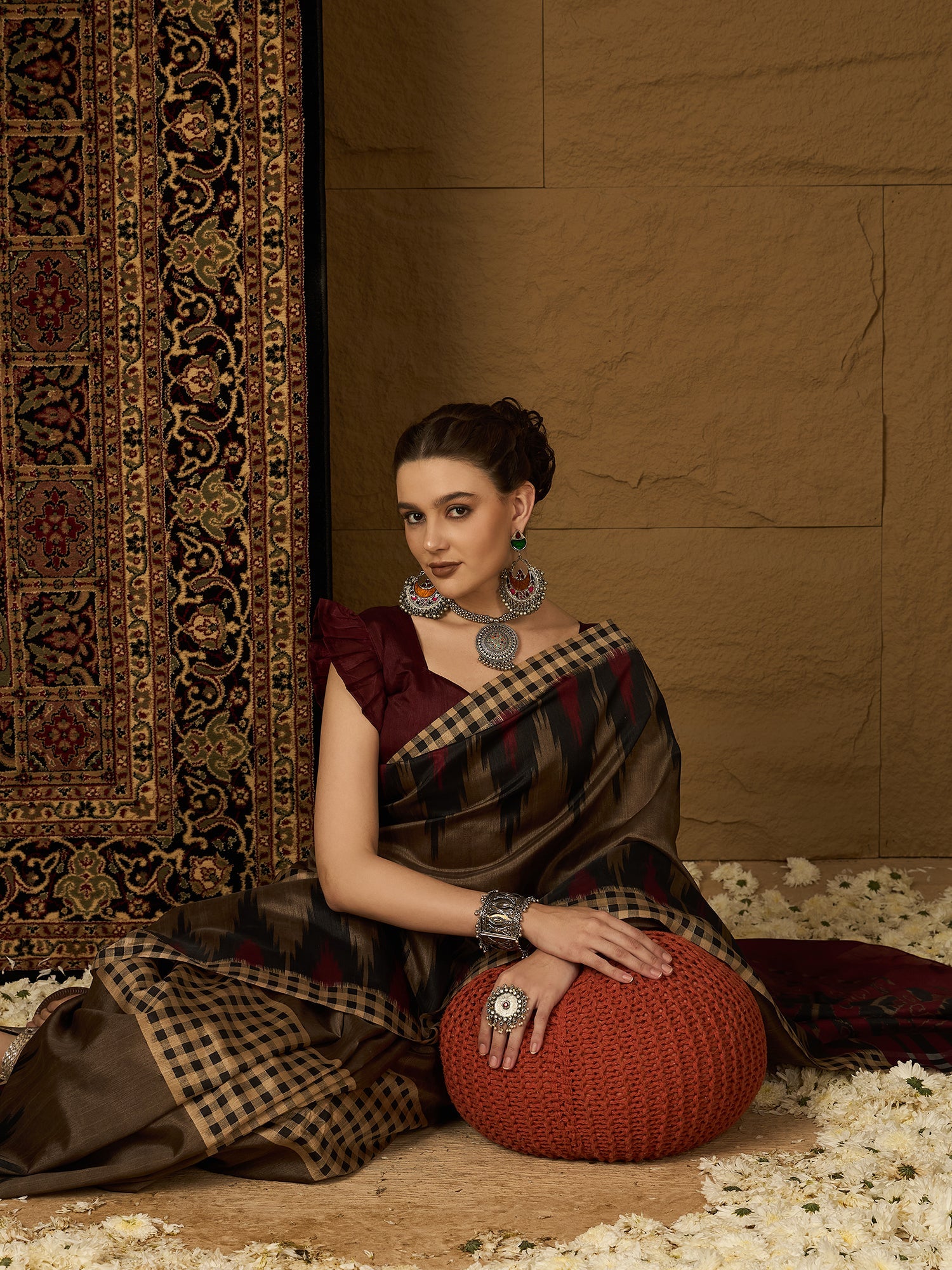 Chocolate Brown Ikat Bhagalpuri Silk Saree - Ressa