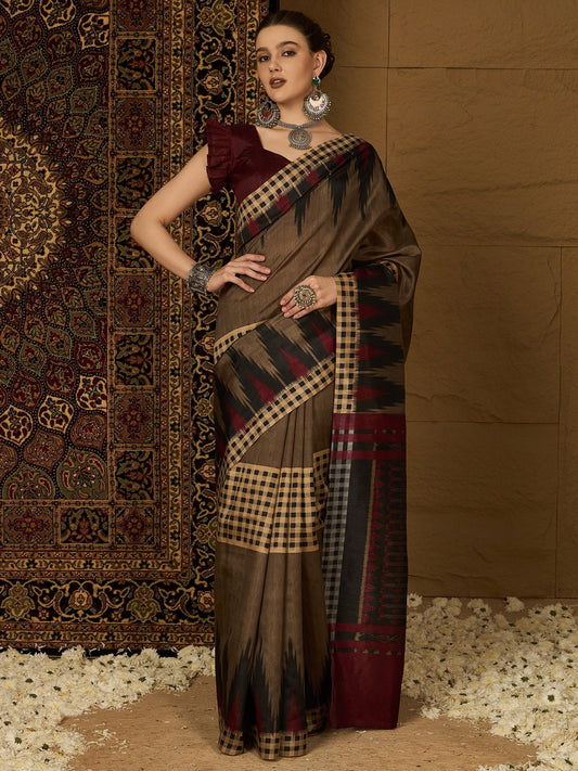 Chocolate Brown Ikat Bhagalpuri Silk Saree - Ressa