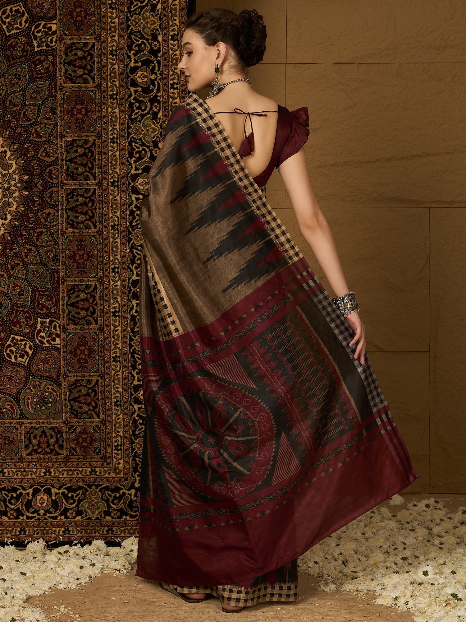 Chocolate Brown Ikat Bhagalpuri Silk Saree - Ressa