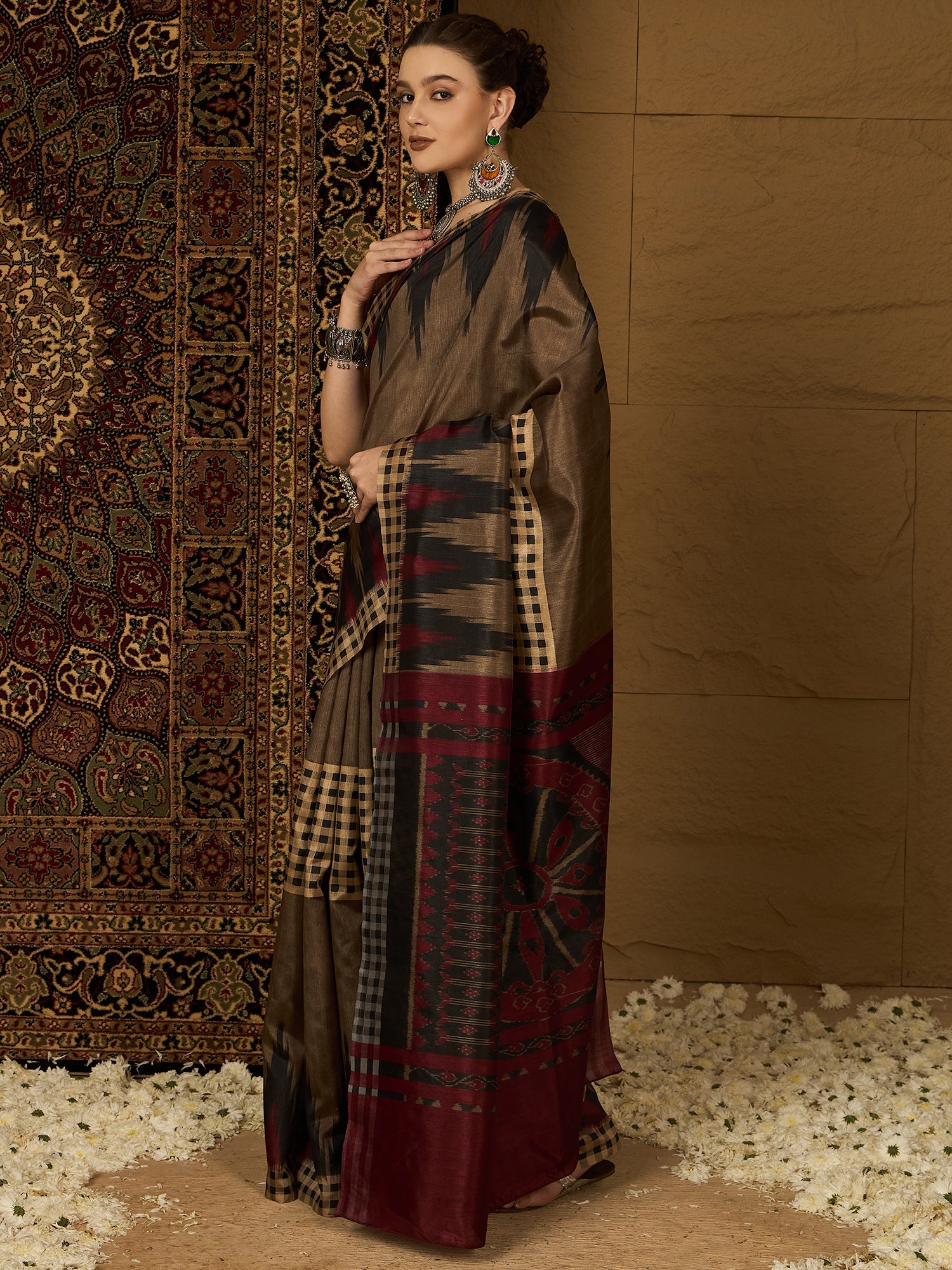 Chocolate Brown Ikat Bhagalpuri Silk Saree - Ressa
