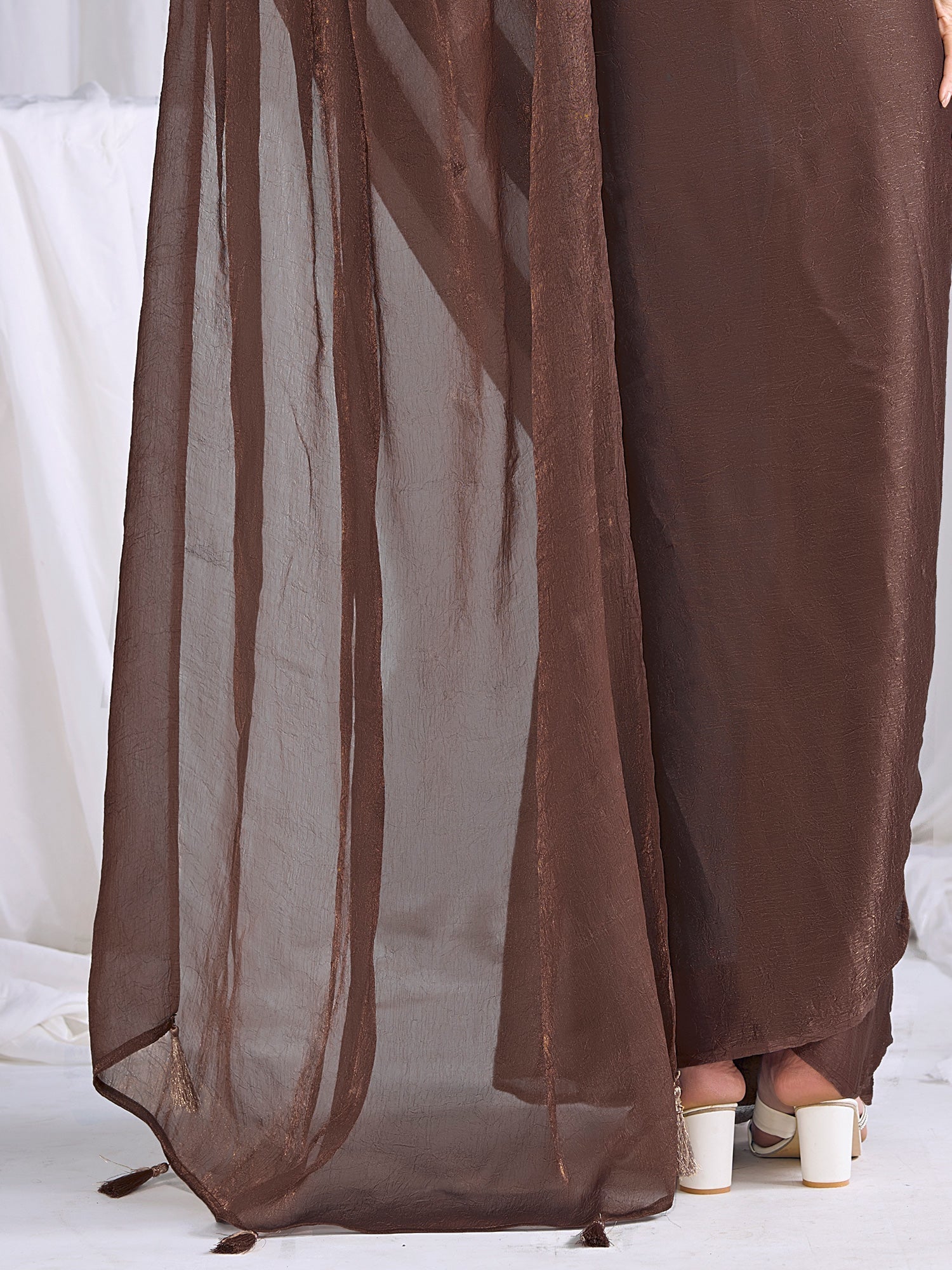 Chocolate Brown Organza Saree with Embroidered Blouse - Ressa