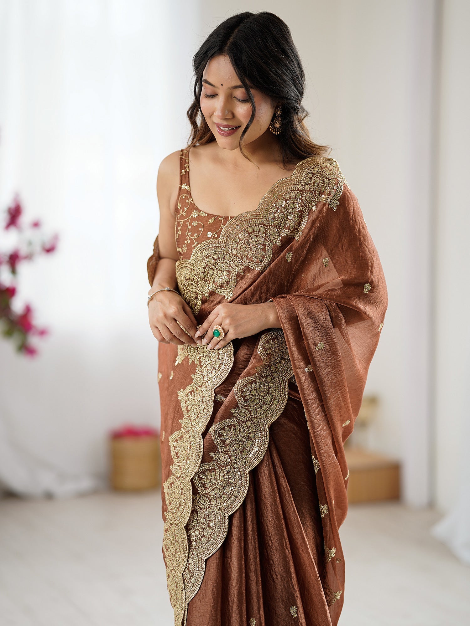 Chocolate Brown Organza Sequin Floral Embroidery Scalloped Border Designer Blouse Saree - Ressa