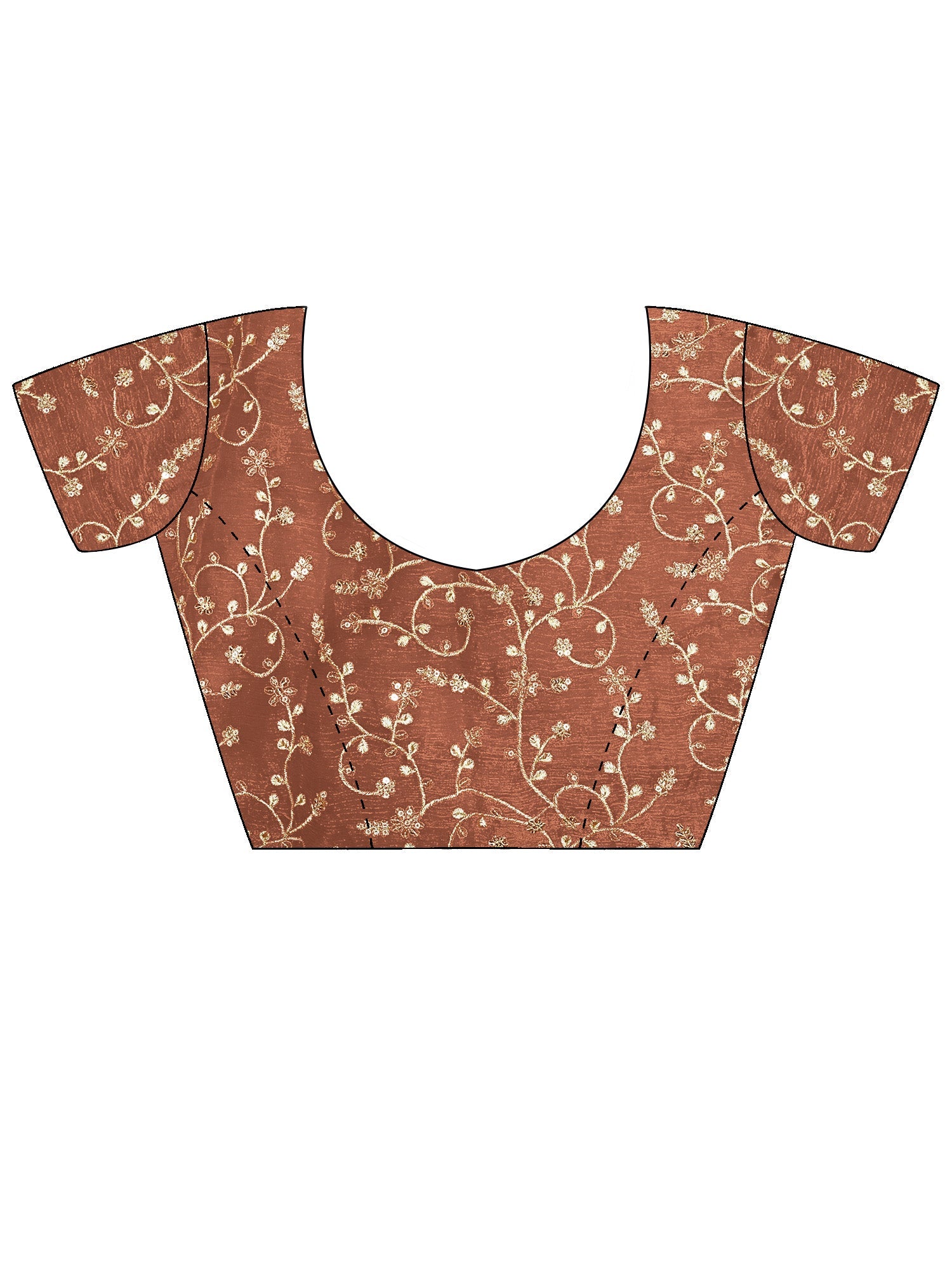 Chocolate Brown Organza Sequin Floral Embroidery Scalloped Border Designer Blouse Saree - Ressa