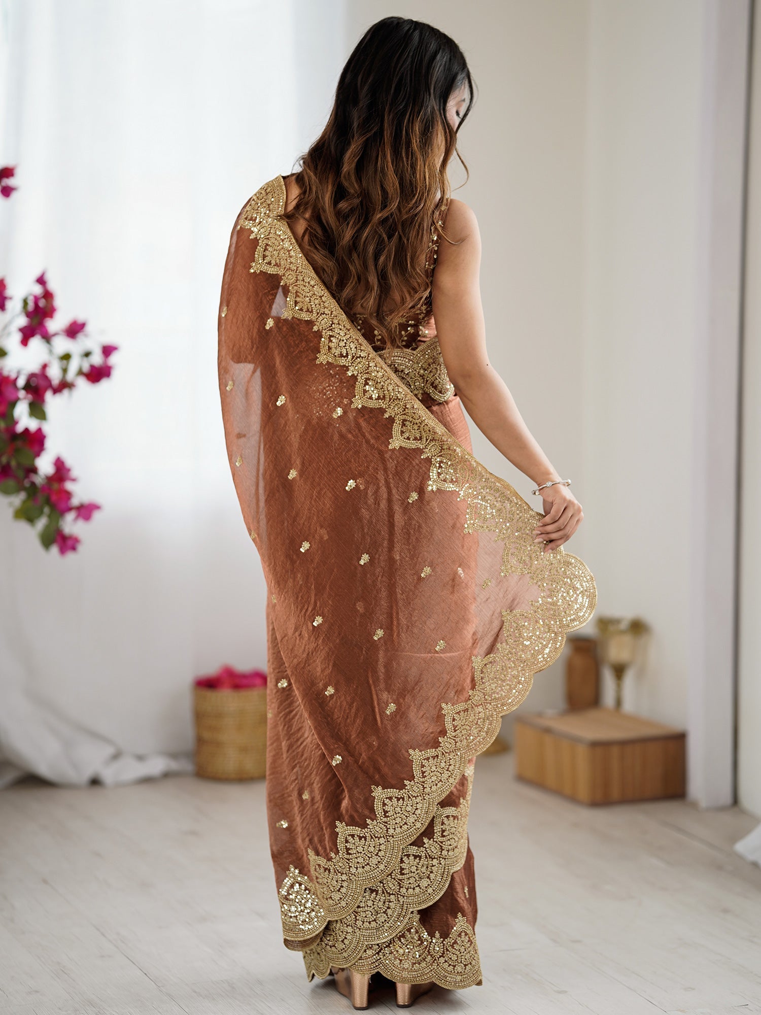 Chocolate Brown Organza Sequin Floral Embroidery Scalloped Border Designer Blouse Saree - Ressa