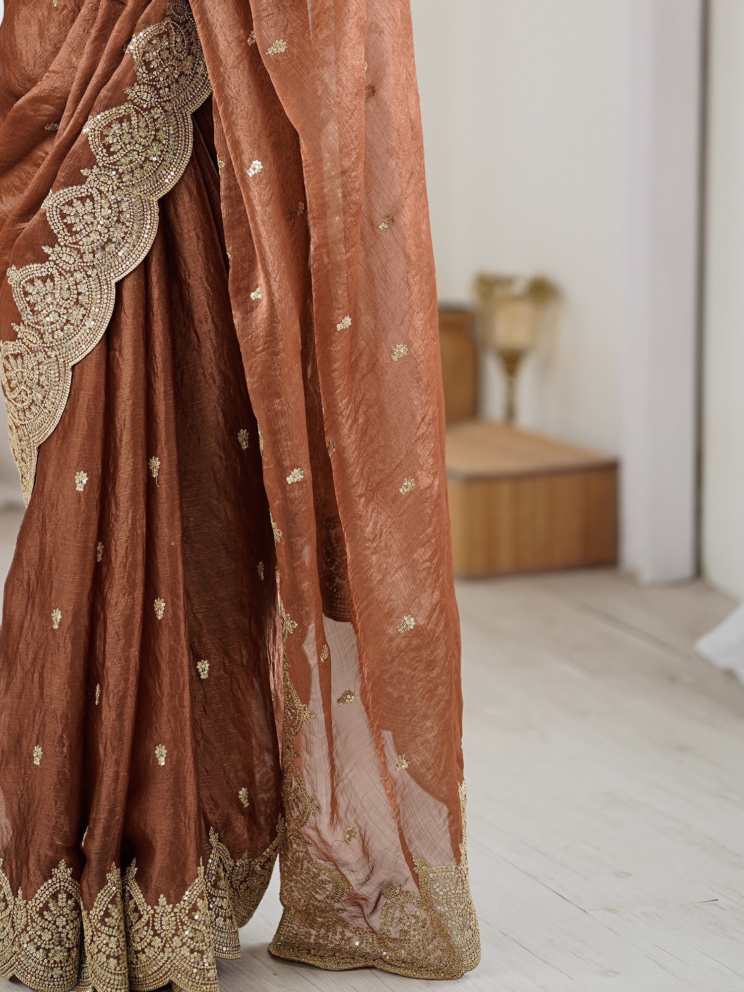 Chocolate Brown Organza Sequin Floral Embroidery Scalloped Border Designer Blouse Saree - Ressa