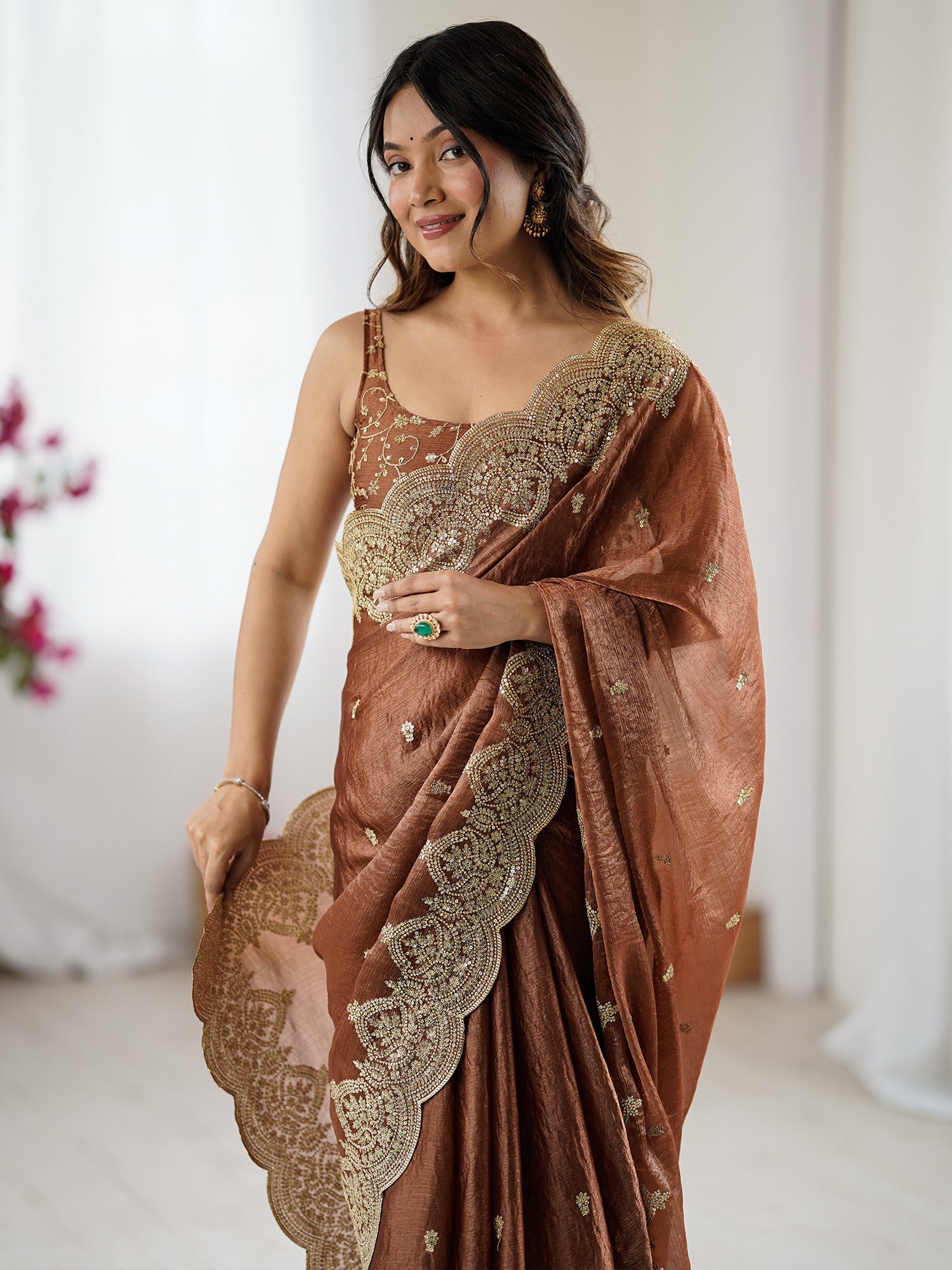 Chocolate Brown Organza Sequin Floral Embroidery Scalloped Border Designer Blouse Saree - Ressa