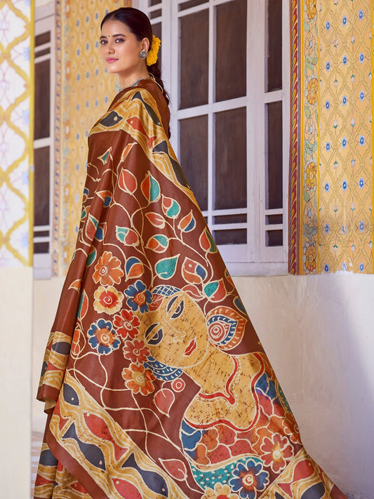 Chocolate Brown Tussar Silk Saree - Ressa