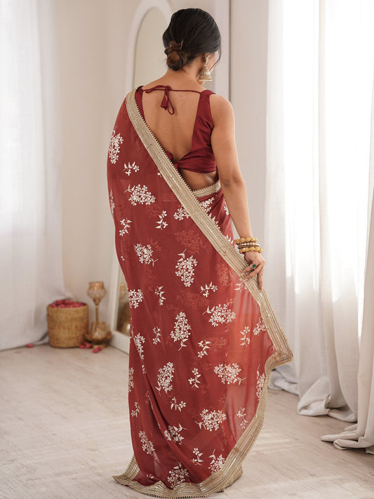 Clay Red Georgette Woven Silk Blend Gold Zari Floral Buti Saree - Ressa