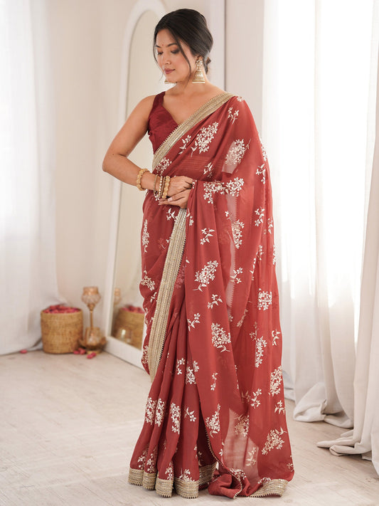 Clay Red Georgette Woven Silk Blend Gold Zari Floral Buti Saree - Ressa