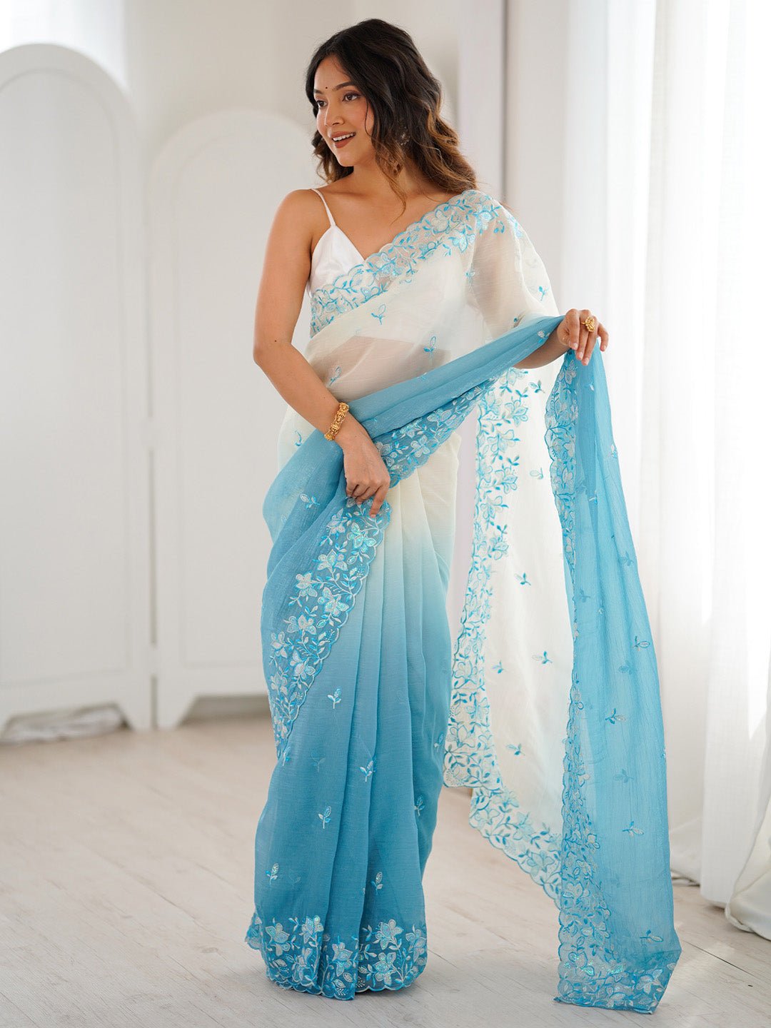 Cloud White & Sky Blue Ombre chiffon Saree - Ressa