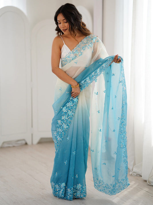 Cloud White & Sky Blue Ombre chiffon Saree - Ressa