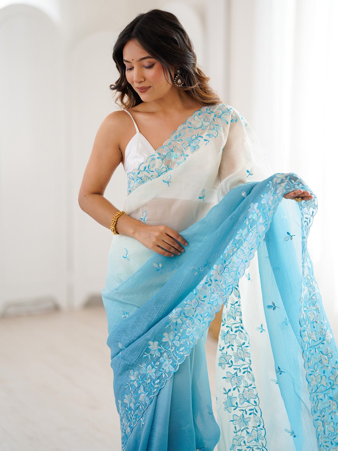 Cloud White & Sky Blue Ombre chiffon Saree - Ressa