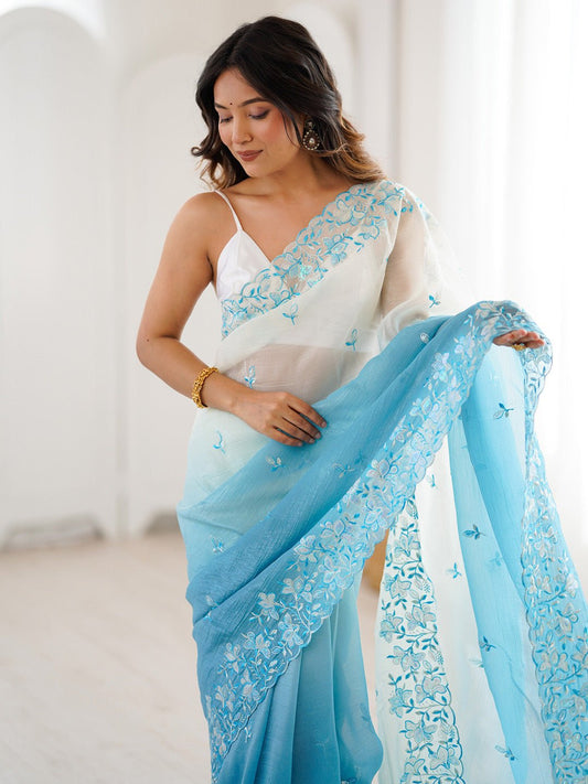 Cloud White & Sky Blue Ombre chiffon Saree - Ressa
