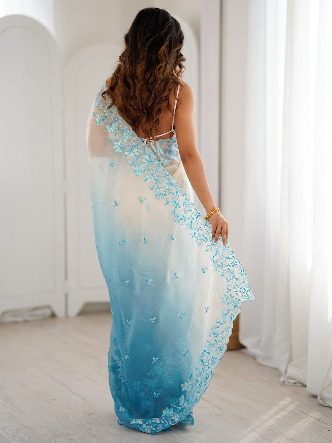 Cloud White & Sky Blue Ombre chiffon Saree - Ressa