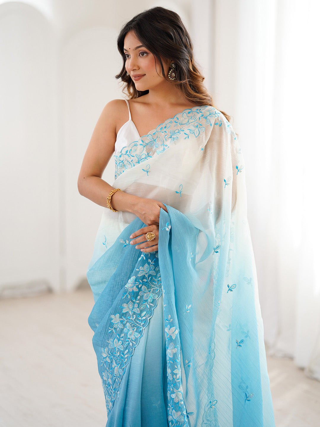 Cloud White & Sky Blue Ombre chiffon Saree - Ressa