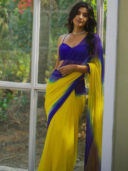 Cobalt Blue & Yellow Ombre Chiffon Saree - Ressa