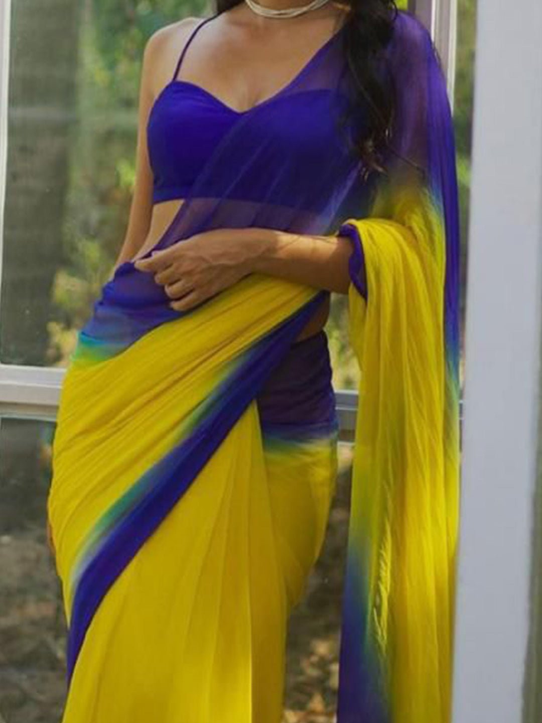 Cobalt Blue & Yellow Ombre Chiffon Saree - Ressa