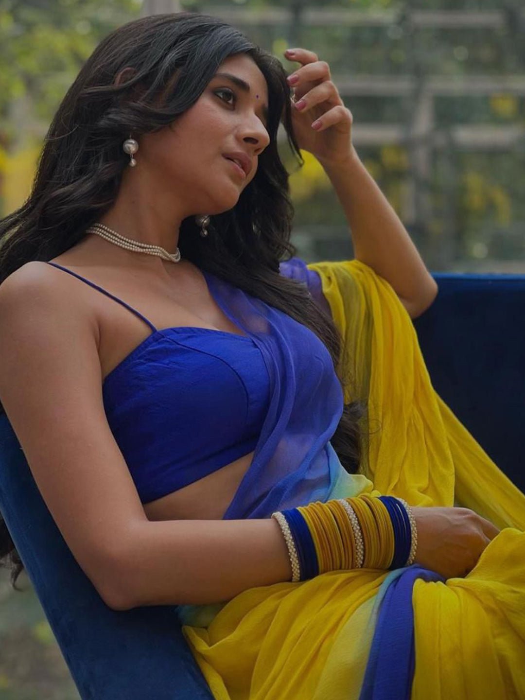Cobalt Blue & Yellow Ombre Chiffon Saree - Ressa