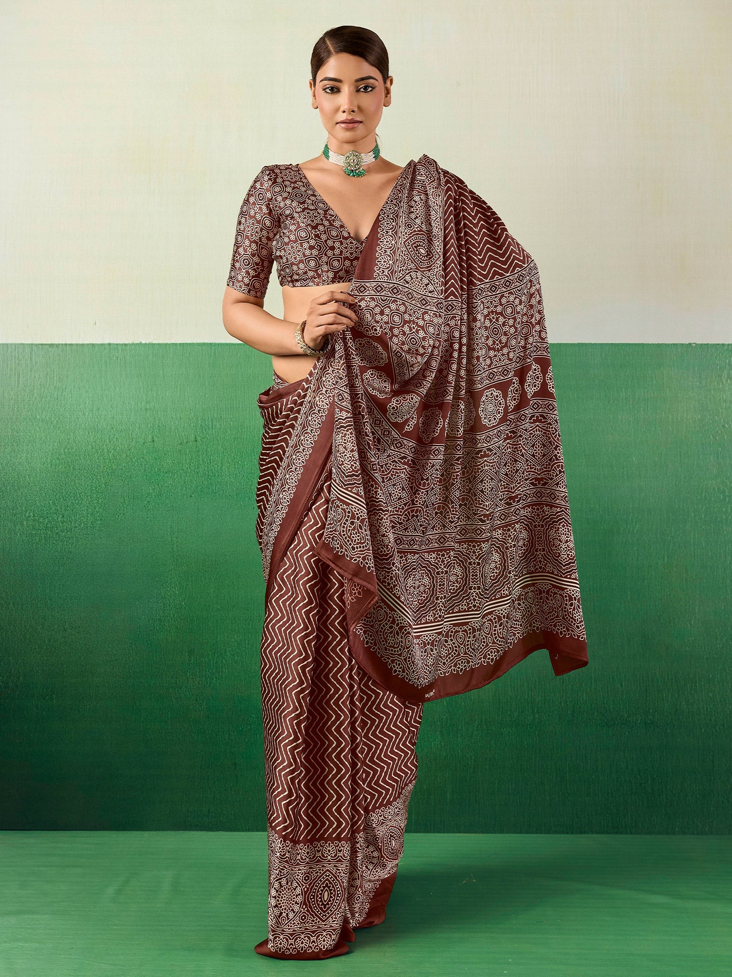 Coffee Brown Block Printed Saree - Ressa