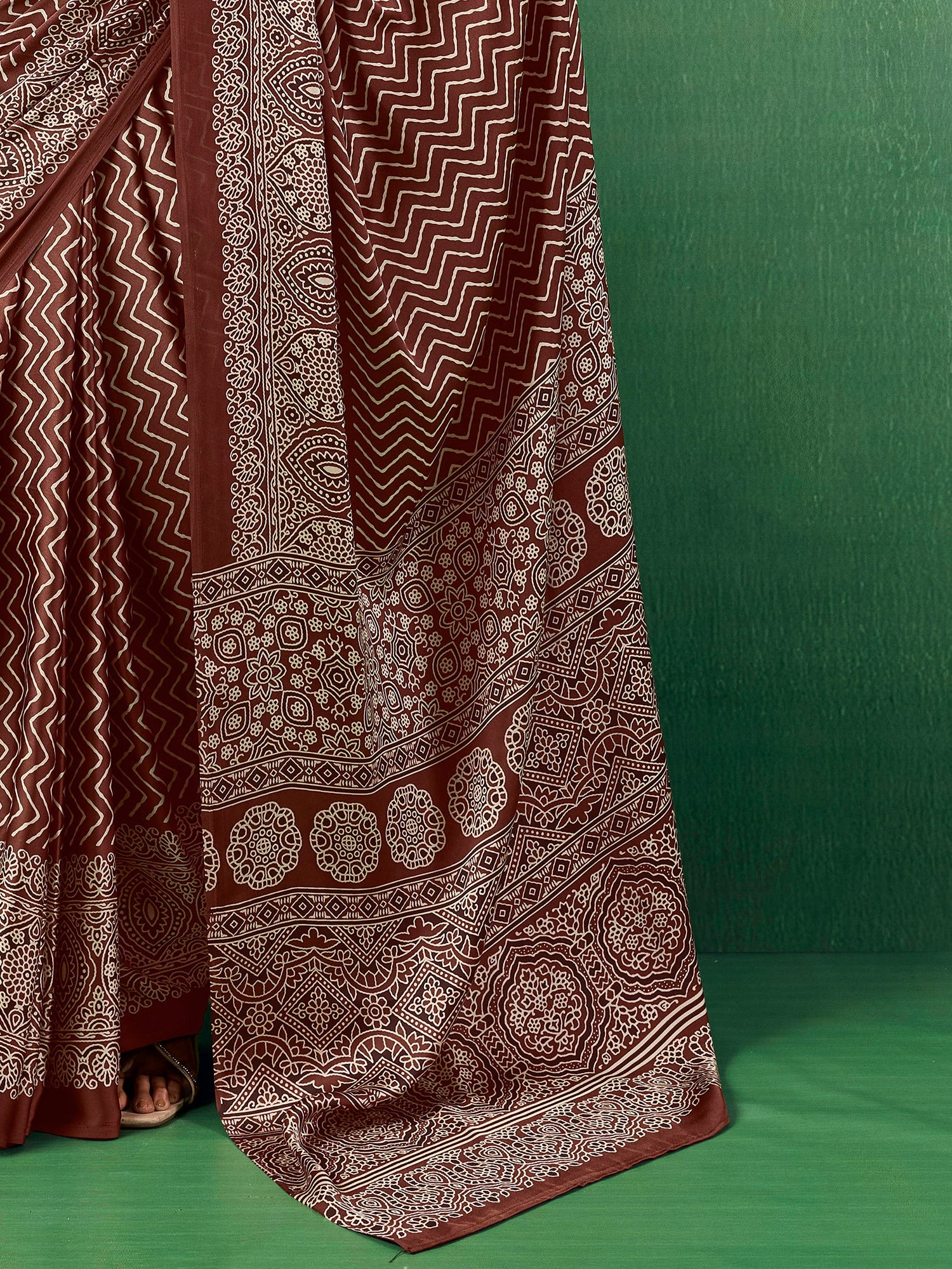 Coffee Brown Block Printed Saree - Ressa