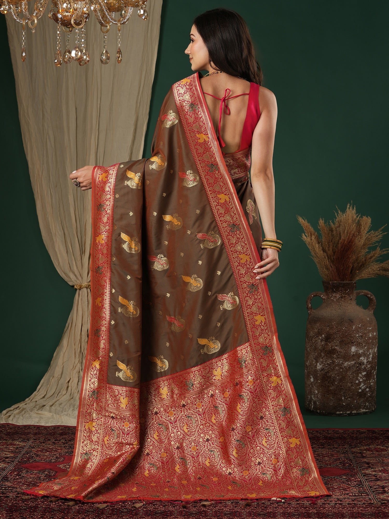 Coffee Brown & Red Banarasi Silk Blend - Ressa