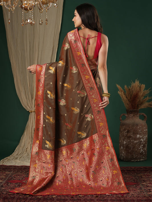 Coffee Brown & Red Banarasi Silk Blend - Ressa