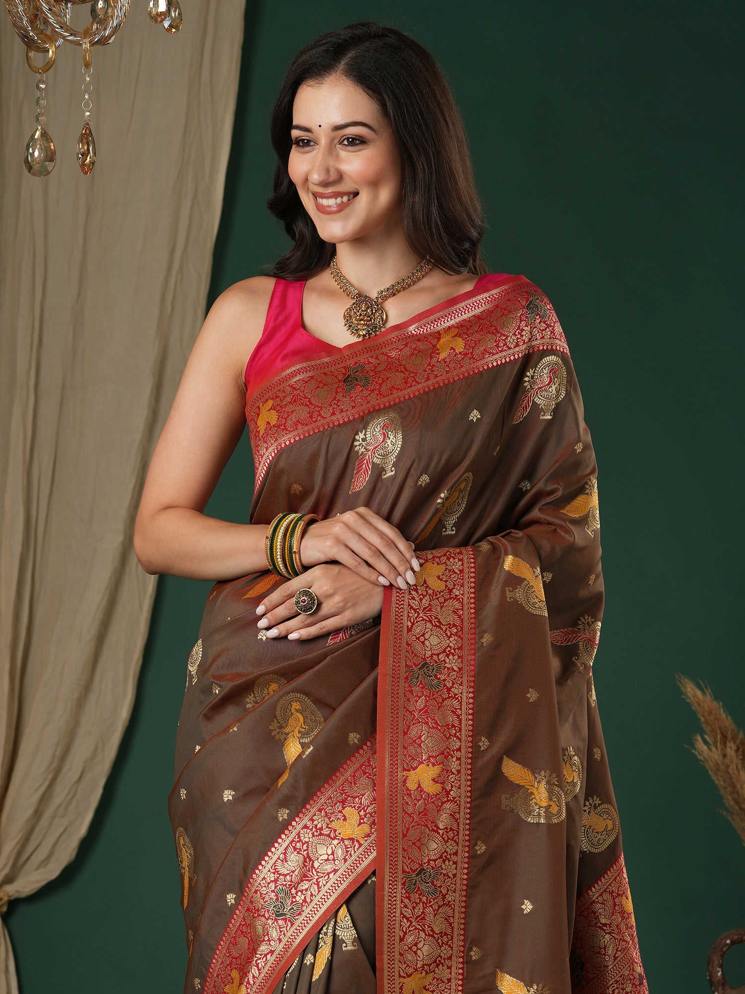 Coffee Brown & Red Banarasi Silk Blend - Ressa