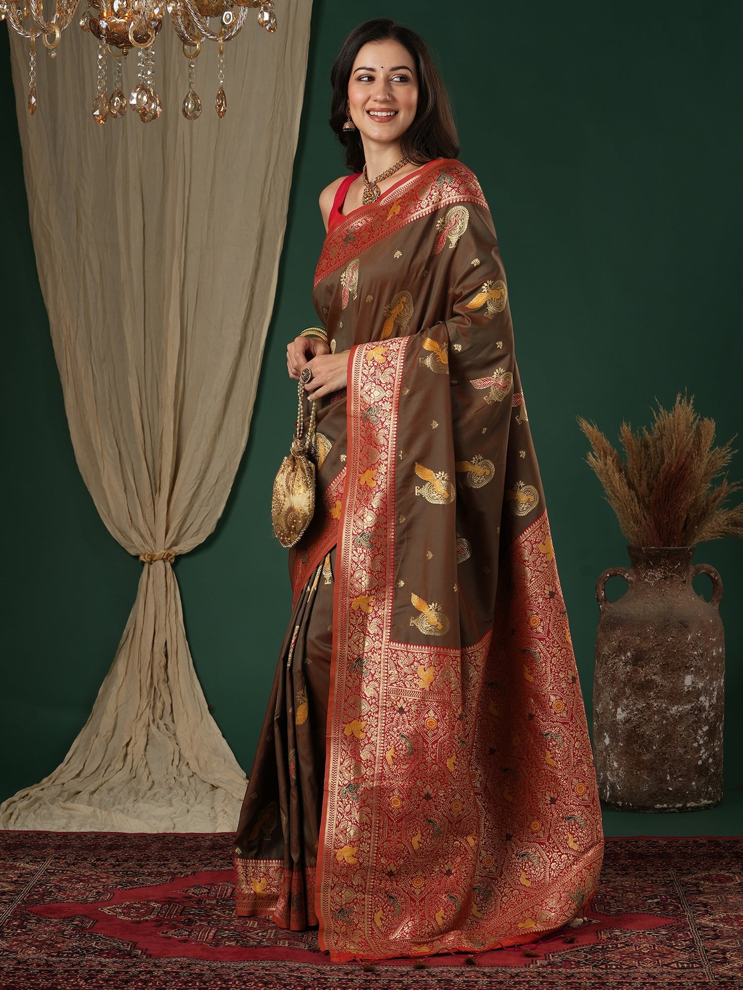 Coffee Brown & Red Banarasi Silk Blend - Ressa
