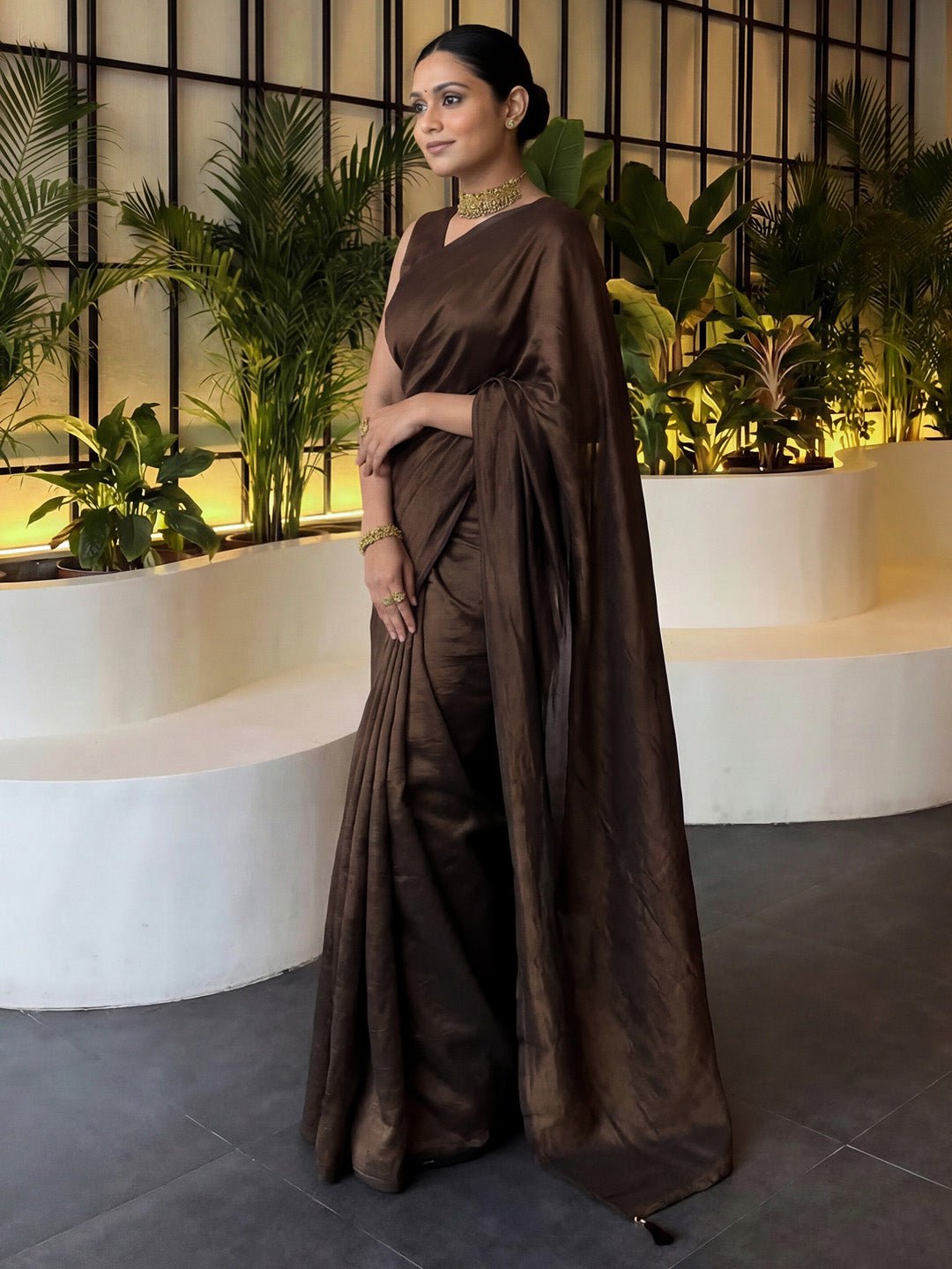 Coffee Brown Vichitra Silk Party Wear Saree - Ressa