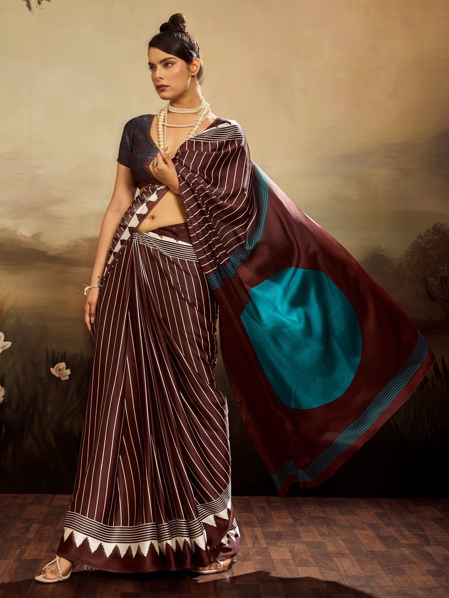 Coffee Brown & White Striped Ikat Silk Saree - Ressa